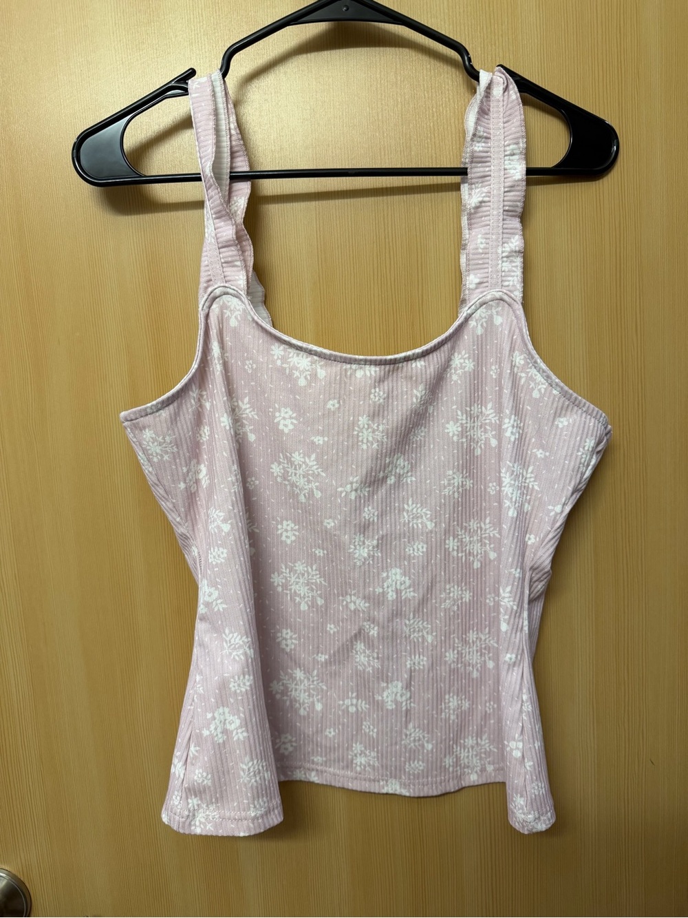 Light Pink Floral Ribbed Tank Top with Square Neck